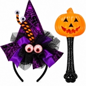 Set Halloween pentru Copii, bentiță Vrăjitoare cu Păianjen și baghetă luminoasă dovleac, 2 Piese, portocaliu/mov